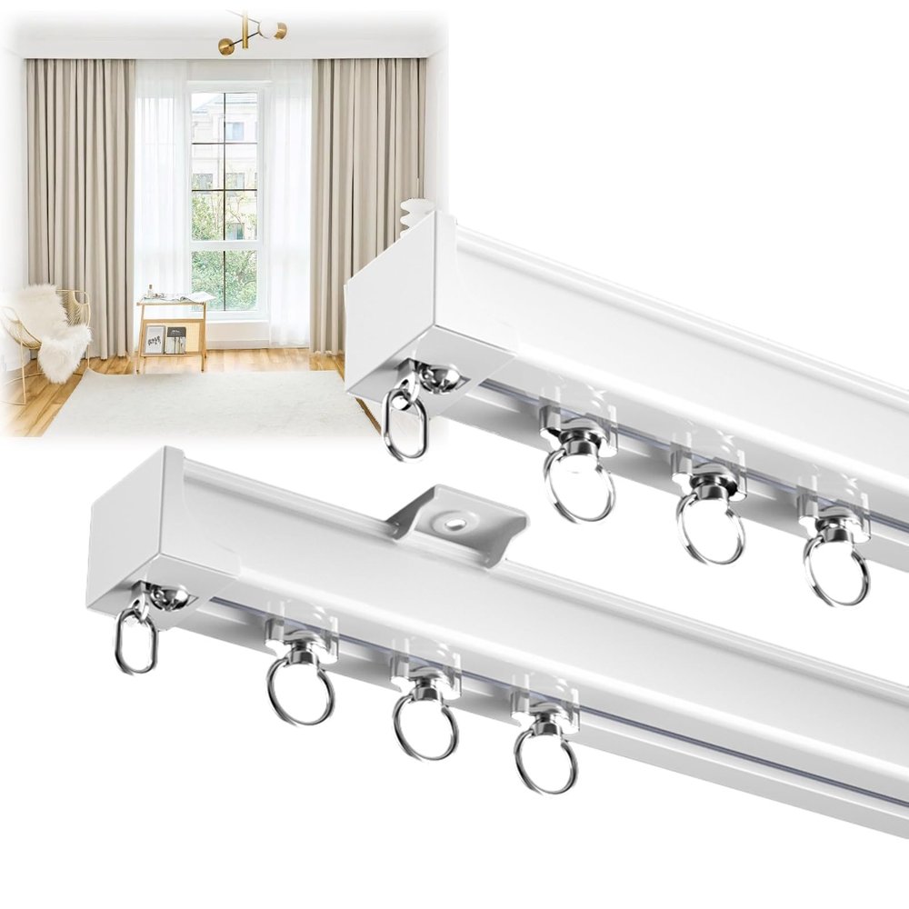 Curtain Double Tracks, Aluminium Ceiling Mounted Curtain Tracks System, Silent Sliding Ceiling Curtain Rail, For Living Room Bedroom Room Divider, Straight Curtain Track, Champagne ( Color : White , S