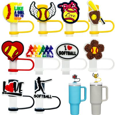 10pcs Straw Cover Cap for Stanley Cup 30&40 Oz Tumbler 10mm Reusable Silicone Straw Toppers Straw Tip Covers for Stanley Cups Accessories Cool Softball Themed Tumbler Straw Cover