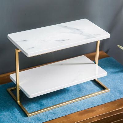 ACICS Desserts Rack,White Marble with Metal Bracket Cake and Cupcake Serving Display Rectangular Bread Cheese Tray Cake Stand for Weddings,Showers,Anniversaries,Parties,or Modern Home Decor