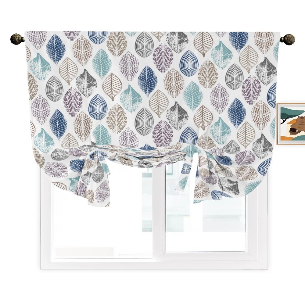 Abstract Leaves Tie Up Curtains for Small Windows, Navy Blue Green Brown Leaf Art Plants Adjustable Shade Valance Light Filter Rod Pocket Curtains for Living Room Bedroom, W42 x L54 Inches, 1 Panel