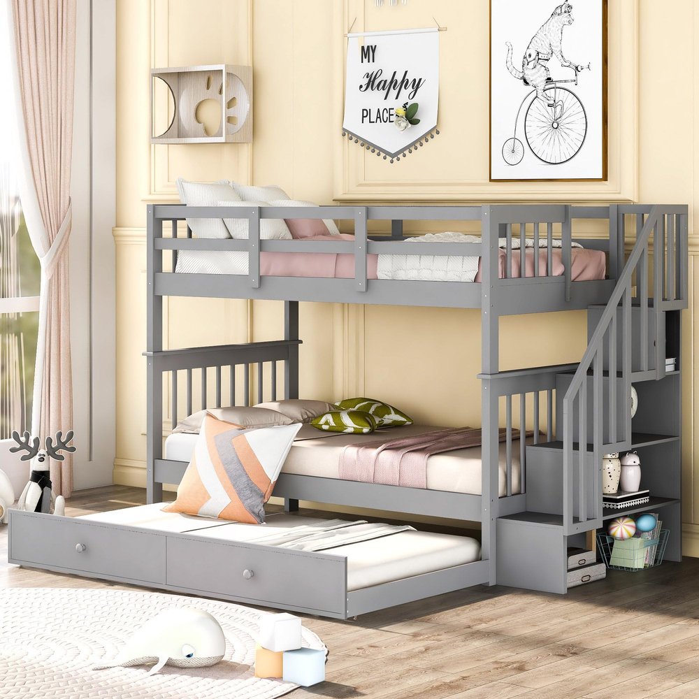 WEALTHKING Stairway Bunk Bed with Trundle, Convertible Detachable Beds, Pine Wood Frame with Four-Step Staircase, Storage Shelves, Guardrails, No Box Spring Required (Grey,Twin over Twin)