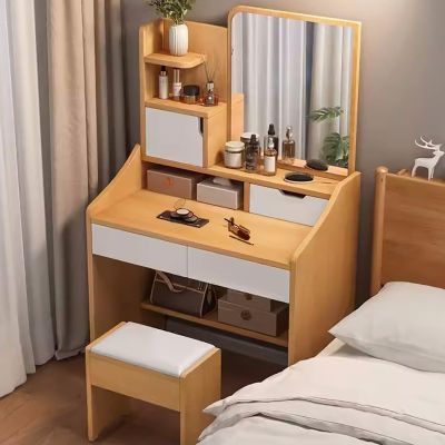 Bedroom Vanity Desk with Mirror, Vanity with Drawers, Fence Design Prevent Objects from Falling Down, for Dressing Room(Maple,27.6IN/70CM_C)