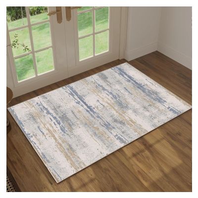 1.7x2.6 Rug Washable Boho Rug Soft Small Area Rug Non-Slip Non-Shedding Loop Pile Vintage Distressed Rug for Door Mat, Kitchen, Floor, Entryway, Powder Room (Blue/Tan/White)