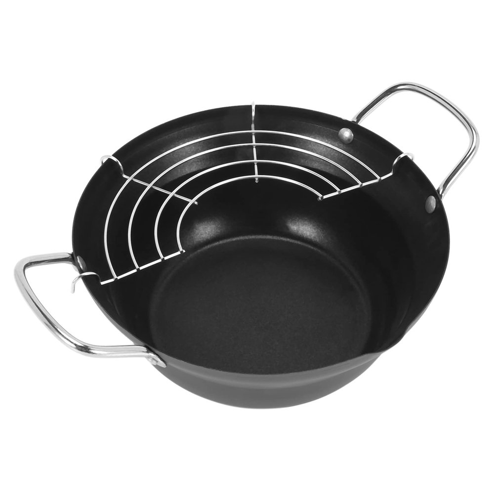 Luejnbogty 20cm Easy Pour Non Stick Coating Tempura Fryer Pot with Oil Drip Drainer Rack Japanese-style Mini Deep Fry Pan
