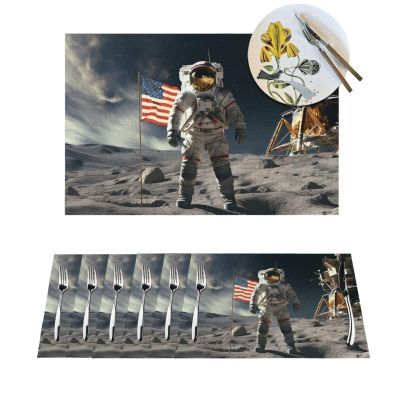 Astronaut Landing on The Moon Placemats Set Washable Non-Slip Place Mats Heat Resistant Table Mats Rectangle PVC Woven Placemat for Dining Table Decoration