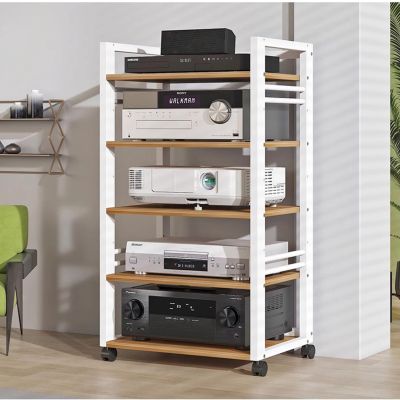 Audio-Video Media Stand with 5 Height-Adjustable Wooden Shelf, Modern Entertainment Stereo Components Cabinet Multi-Function Open Storage Shelves for Living, Gaming, Recording Room (Color : White, S
