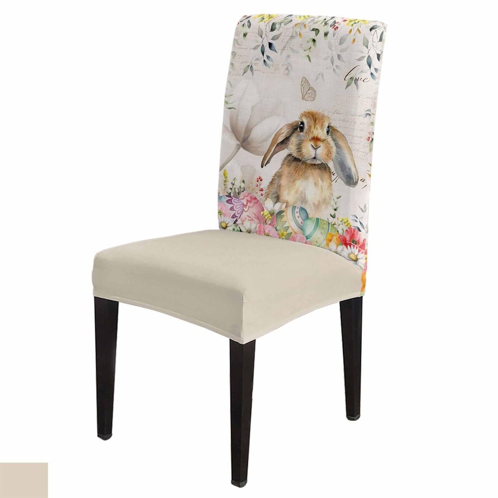 Easter Bunny Dining Chair Cover Set of 8,Stretch Chair Protectors Slipcover,Spandex Kitchen Chair Seat Back Cushion Slip Cover for Dining Room,Party,Ceremony Retro Flower Eucalyptus Leaves Easter Eggs