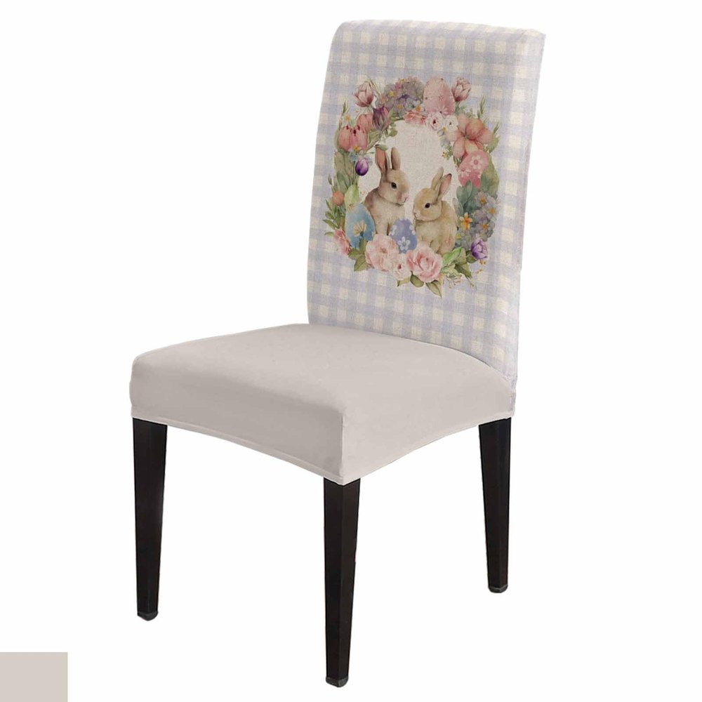 Easter Bunny Dining Chair Cover Set of 8,Stretch Chair Protectors Slipcover,Spandex Kitchen Chair Seat Back Cushion Slip Cover for Dining Room,Party,Ceremony Watercolor Flower Eggs Retro Buffalo Plaid