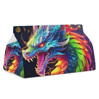 Colorful Dragon Tissue Box Cover, PU Leather Rectangular Tissue Box Case Organizer Holder Vanity Dresser Night Stand Table Countertop Home Office Car 7.7X4.7X4.3''