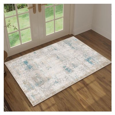 5x8 Area Rugs Living Room Rugs: Machine Washable Rugs for Bedroom with Non-Slip Backing Loop Pile Distressed Moroccan Carpet for Dining Room Nursery Home Office - Gray/Tan/Cyan