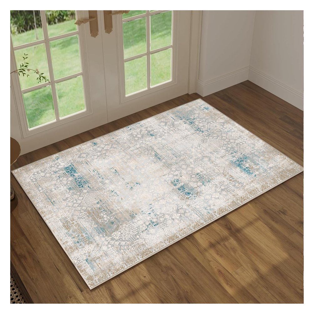 5x8 Area Rugs Living Room Rugs: Machine Washable Rugs for Bedroom with Non-Slip Backing Loop Pile Distressed Moroccan Carpet for Dining Room Nursery Home Office - Gray/Tan/Cyan