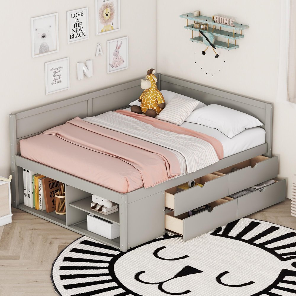 SOFTSEA Full Size Daybed with Drawers, Wood Daybed with L-Shape Headboard, Full Daybed Frame with Storage Drawers and Shelves for Bedroom, Living Room, Grey