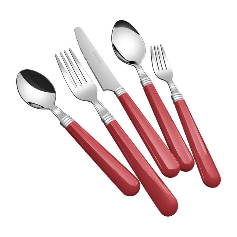 GOODJAYVEN Silverware Flatware Set, 5/20/30/40 Piece Stainless Steel Cutlery Steak Knife, Fork And Spoon Set Thickened Cutlery (Color : Red, Size : 4Set-20Pcs)