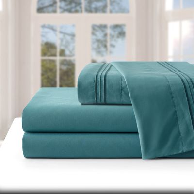 Devi Bedding 7 Pcs Sheet Set with Duvet Cover Set Vertical 3 Line Matching Embroidered Extra Deep Pocket Fit for 15 Inch Mattress- Queen Size 600 TC - Teal Solid