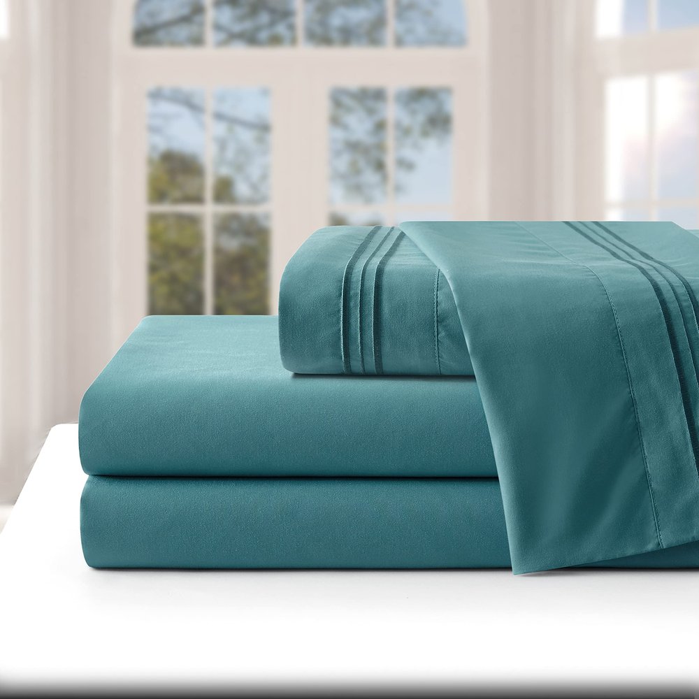 Devi Bedding 7 Pcs Sheet Set with Duvet Cover Set Vertical 3 Line Matching Embroidered Extra Deep Pocket Fit for 15 Inch Mattress- Queen Size 600 TC - Teal Solid