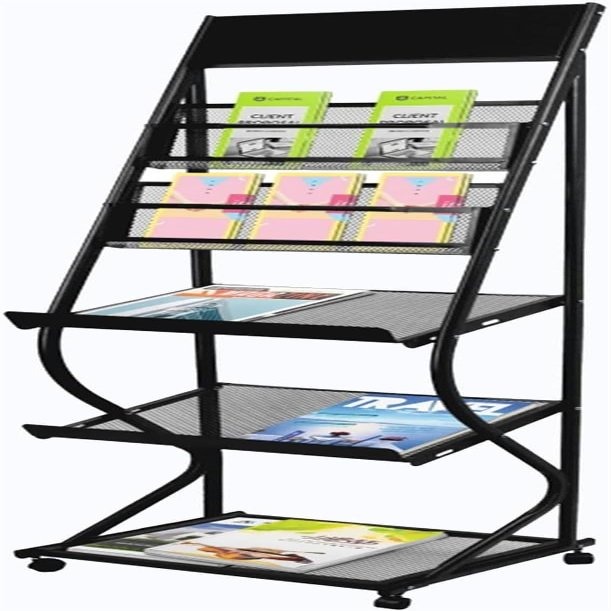 JacCos High Magazine Holder Metal, Floor Standing Display Stand - 61" Literature Newspaper Storage Rack, Detachable Exhibition Stand - Books Brochure Organizer (Color : White) (Black)