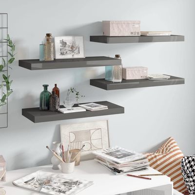 FUDUGEHMIOFWFJJ Floating Wall Shelves 4 pcs High Gloss Bookshelf for Bedroom,Shelves,Wood Bookcase,Suitable for Bedroom, Office, Living Room, Study,Gray 23.6"x9.3"x1.5" MDF