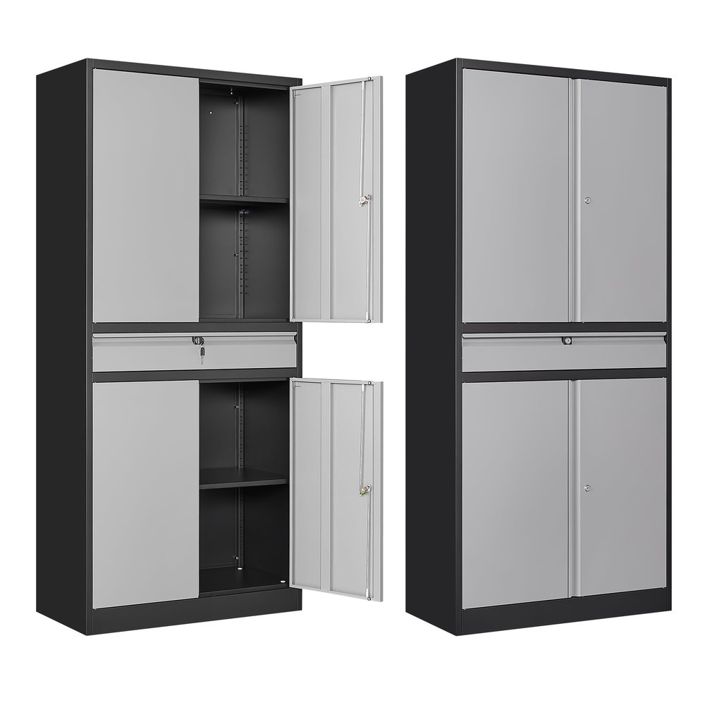 Anxxsu Metal Garage Storage Cabinet, 71" Lockable Storage Cabinet with 2 Adjustable Shelves and 1 Drawer for Garage, Utility Room, Warehouse (Black Grey)