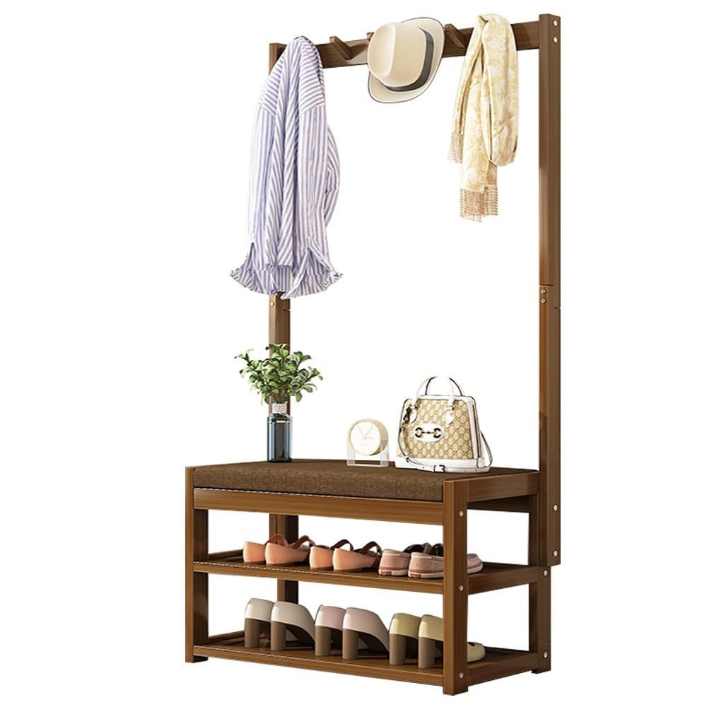 Coat Rack Shoe Organizer for Entryway, 3-in-1 Hall Tree With 4 Hooks and 2 Tier Storage Shelves,Multi-functional Coat Tree Shoe Rack for Hallway Mudroom Bedroom Office