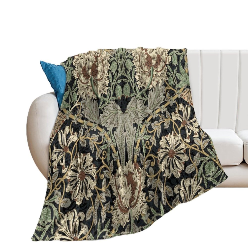 Brebasf Vintage William Morris Florals Blanket Rustic Mid Century Boho Farm Daisy Green Leaves Throw Sofa Soft Warm Blanket-60W x80L