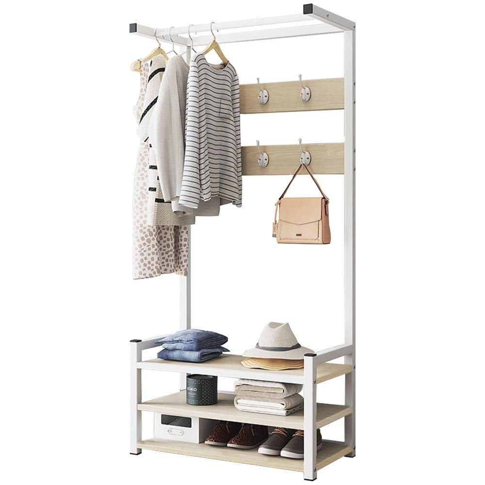 Entryway Coat Rack with Shoe Bench, 3 in 1 Hall Tree with 8 Hanging Hooks and Metal Mesh Panel, Industrial Accent Wood Look Shoe Rack with Steel Frame, Rustic Brown,80x37x170cm