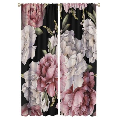 BenYaSong Black Boho Floral Curtain Vintage Watercolor Rose Peony Retro Pink Blossom Flowers Rustic Spring Lea for Home Kitchen Livingroom Coffee Room Curtains Drapes 2 Panels 42x63in, Style-3