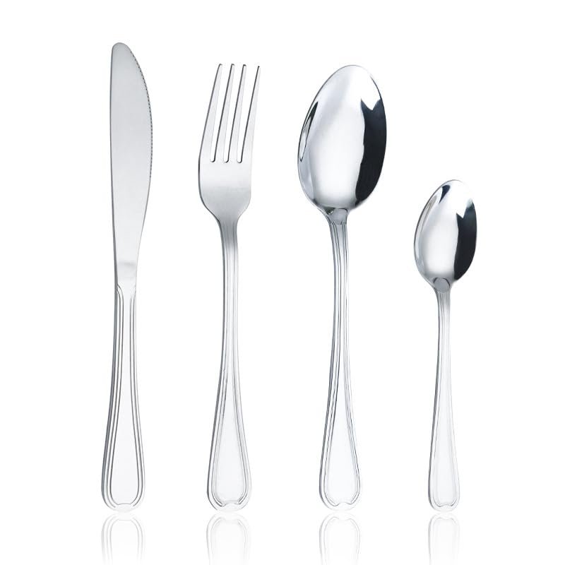 WHIERGGIN Silverware Set, 4/16/24/32 Piece Stainless Steel Tableware Simple And Fashionable Hotel Home Steak Knife, Fork And Spoon Set (Color : Silver, Size : 4Set-16Pcs)