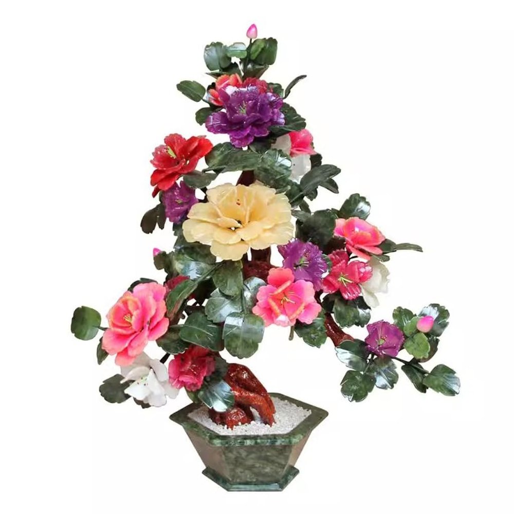 BABETT Artificial Small Bonsai Tree Flower Stand Decoration New Chinese Style Peach Peach Tree Coffee Table Jade Carving Large Decoration Living Room Jade Living Room Fake Plant Greenery Decor