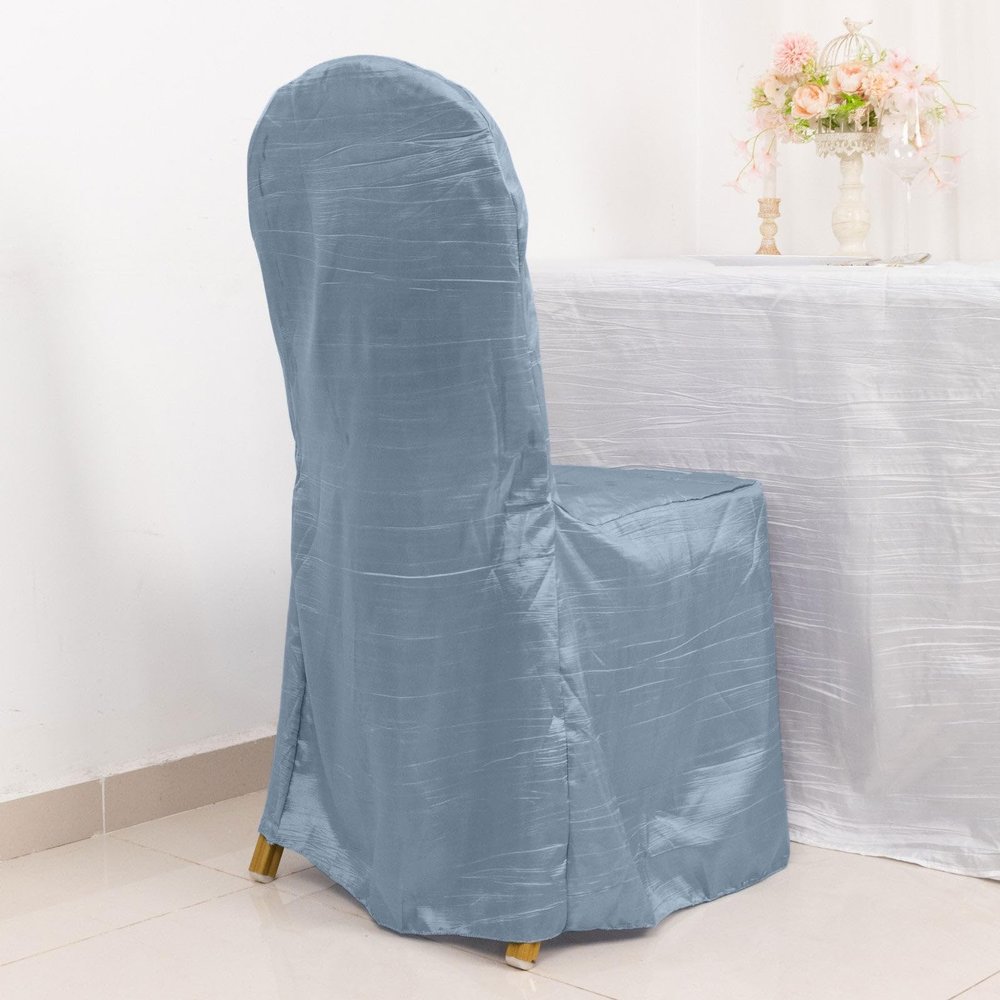 Tableclothsfactory Dusty Blue Crinkle Crushed Taffeta Banquet Chair Cover, Reusable Wedding Chair Cover