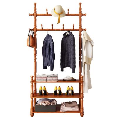 3-in-1 Entryway Coat Rack with Shoe bench, Modern Industrial Coat Tree with 7 Hooks and 2-Tier Shoe Stand, Hall Tree Entryway Storage Shelf Organizer Easy to Assemble, 180cm Tall, Teak