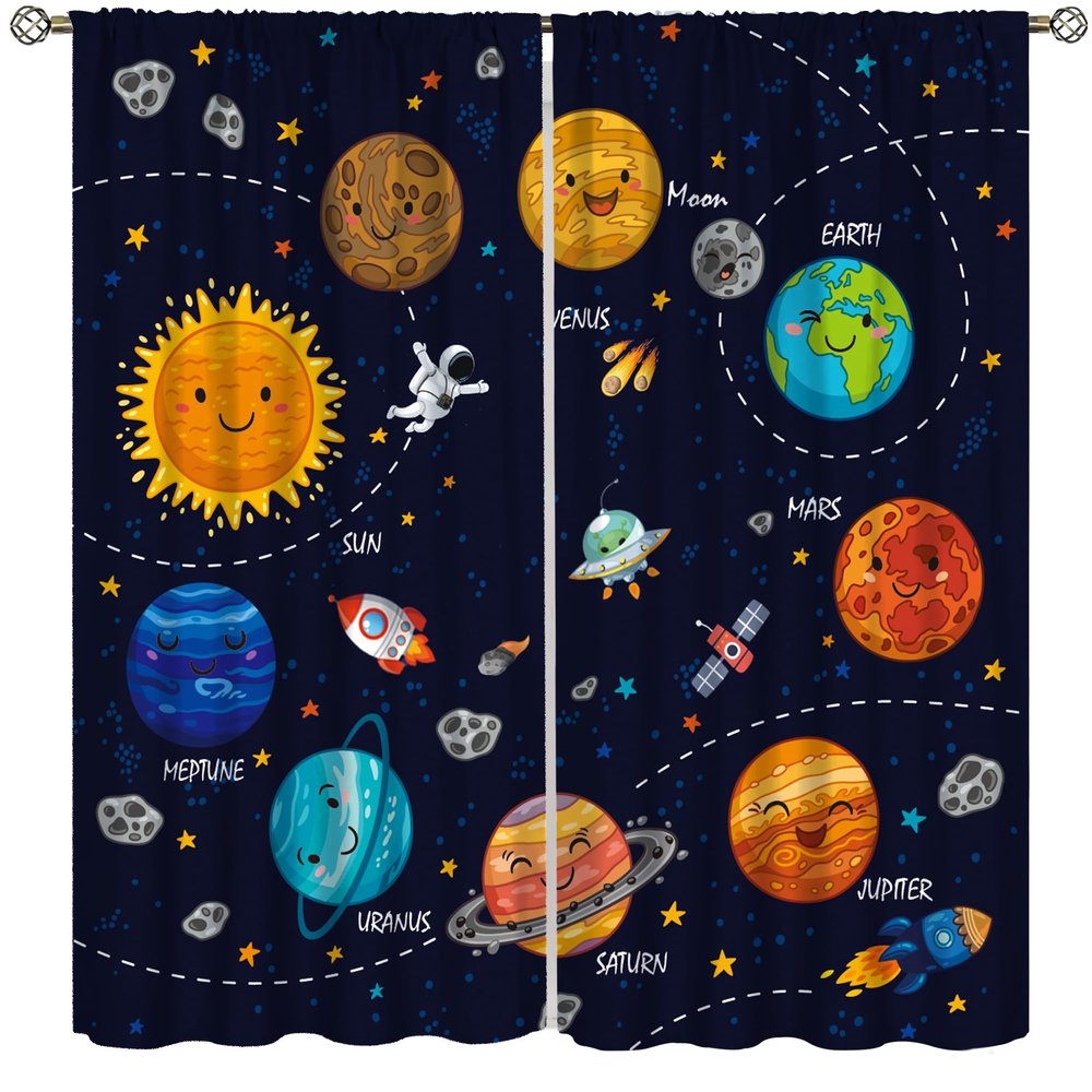 Space Astronaut Curtains for Boys Bedroom Cartoon Rockets Planets Spaceman Window Drapes Cosmic Adventure Cosmonaut Outer Space Curtains 55x63in