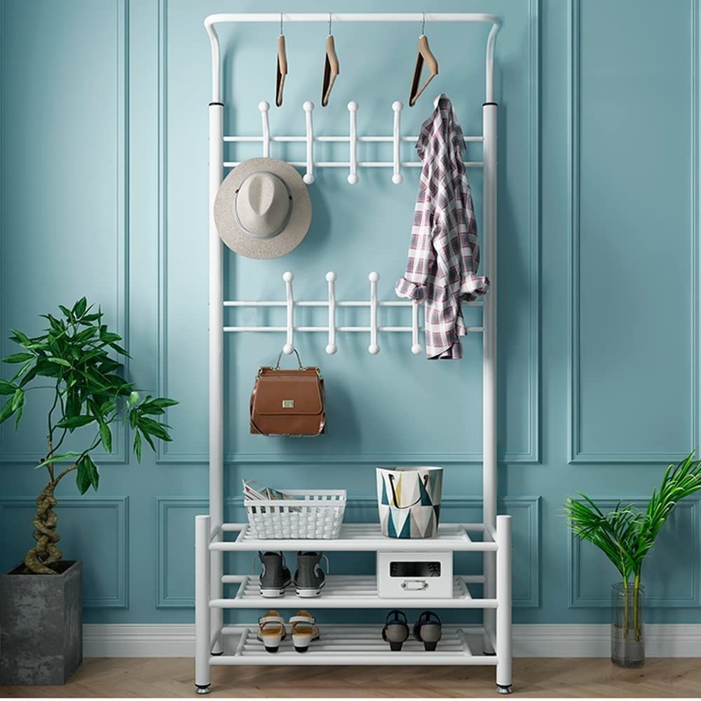 Multifunction Coat Rack Shoe Bench, 3-in-1 Hall Tree with 16 Hooks and 3-Tier Shoe Rack Bench, Metal Coat Rack Stand for Hallway Bedroom Entryway, Easy Assembly 80x30x190cm(Black)