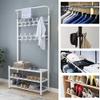 Multifunction Coat Rack Shoe Bench, 3-in-1 Hall Tree with 16 Hooks and 3-Tier Shoe Rack Bench, Metal Coat Rack Stand for Hallway Bedroom Entryway, Easy Assembly 80x30x190cm(Black) view 4