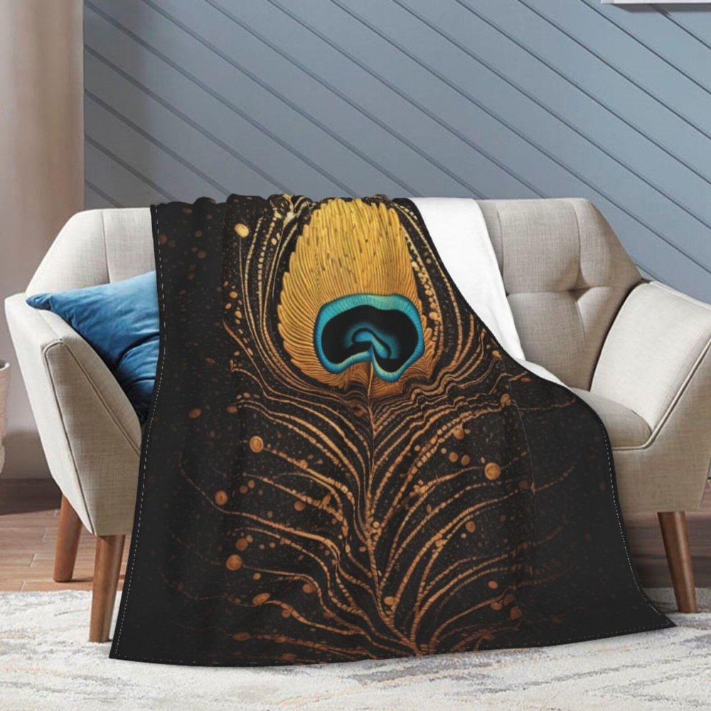 KHiry Fuzzy Throw Blanket for Living Room Peacock Feather Gold Throws Blanket Lightweight Blankets for Couch Micro Ultra-Soft Double Sided Fuzzy Blankets for All Season 40"x30"