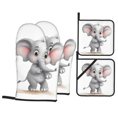 AdaNti Cute Elephant Print Oven Mitts and Pot Holders 4pcs Set High Heat Resistant Hot Pads Waterproof Oven Gloves BBQ Gloves for BBQ Cooking Baking, Black