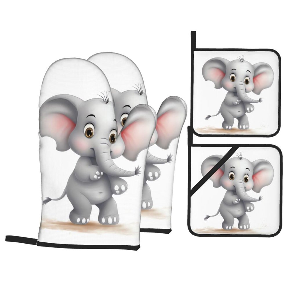 AdaNti Cute Elephant Print Oven Mitts and Pot Holders 4pcs Set High Heat Resistant Hot Pads Waterproof Oven Gloves BBQ Gloves for BBQ Cooking Baking, Black