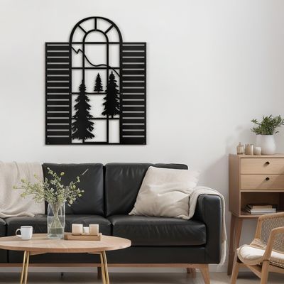 SIGNLEADER Metal Wall Art Decor Pine Trees Window Shutter Modern Abstract Wall Sculpture Hangings Home Decoration for Living Room, Bedroom, Bathroom, Kitchen, Outdoor - 36" Black