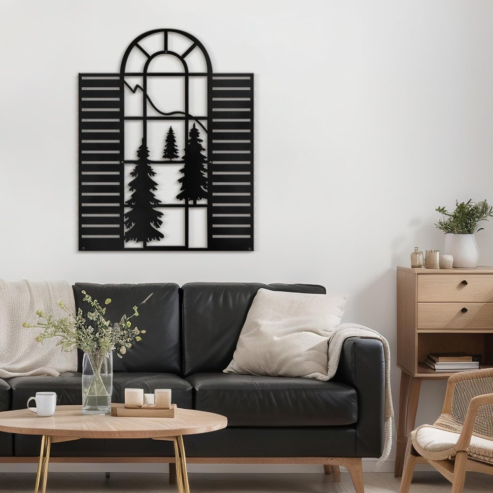 SIGNLEADER Metal Wall Art Decor Pine Trees Window Shutter Modern Abstract Wall Sculpture Hangings Home Decoration for Living Room, Bedroom, Bathroom, Kitchen, Outdoor - 36" Black