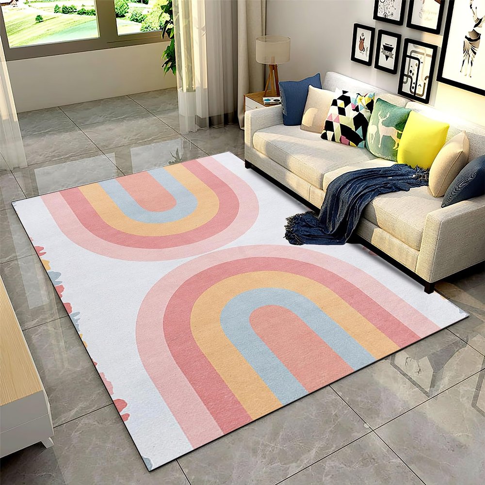 Girl Pink Rainbow Area Rug, Boho Rainbow Non Slip Kids Rugs, Machine Washable Carpet for Indoor Living Room Bedroom Office Decor Mat - 3 ft x 5 ft