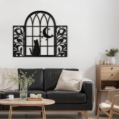 SIGNLEADER Metal Wall Art Decor Cat and Moon Modern Abstract Wall Sculpture Hangings Home Decoration for Living Room, Bedroom, Bathroom, Kitchen, Outdoor - 30" Black