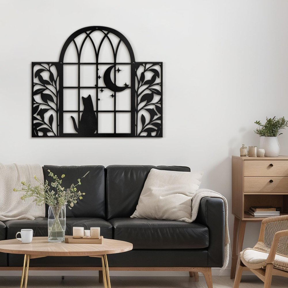 SIGNLEADER Metal Wall Art Decor Cat and Moon Modern Abstract Wall Sculpture Hangings Home Decoration for Living Room, Bedroom, Bathroom, Kitchen, Outdoor - 30" Black