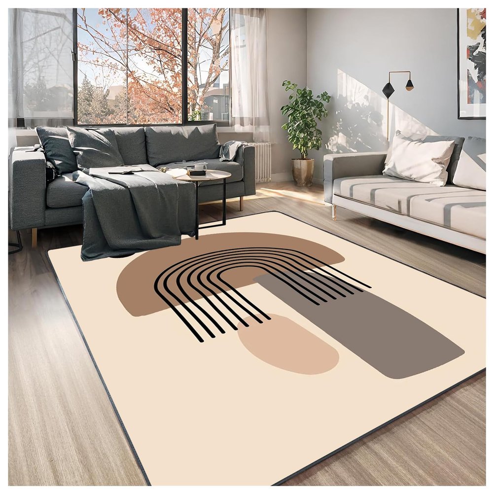 3x5 Area Rugs for Living Room, Non-Slip Backing Washable Rugs, Bohemian Large Area Rug, Loop Pile Home Decor Rug (Geometric Figure, Beige/Brown/Gray)