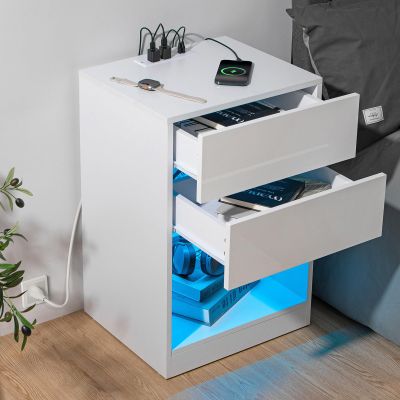 HOMMPA White LED Nightstand with Charging Station Side Table with Open Shelf Night Stand with Led Lights USB Ports and Outlets Bedside Table End Table with Drawers Storage for Bedroom