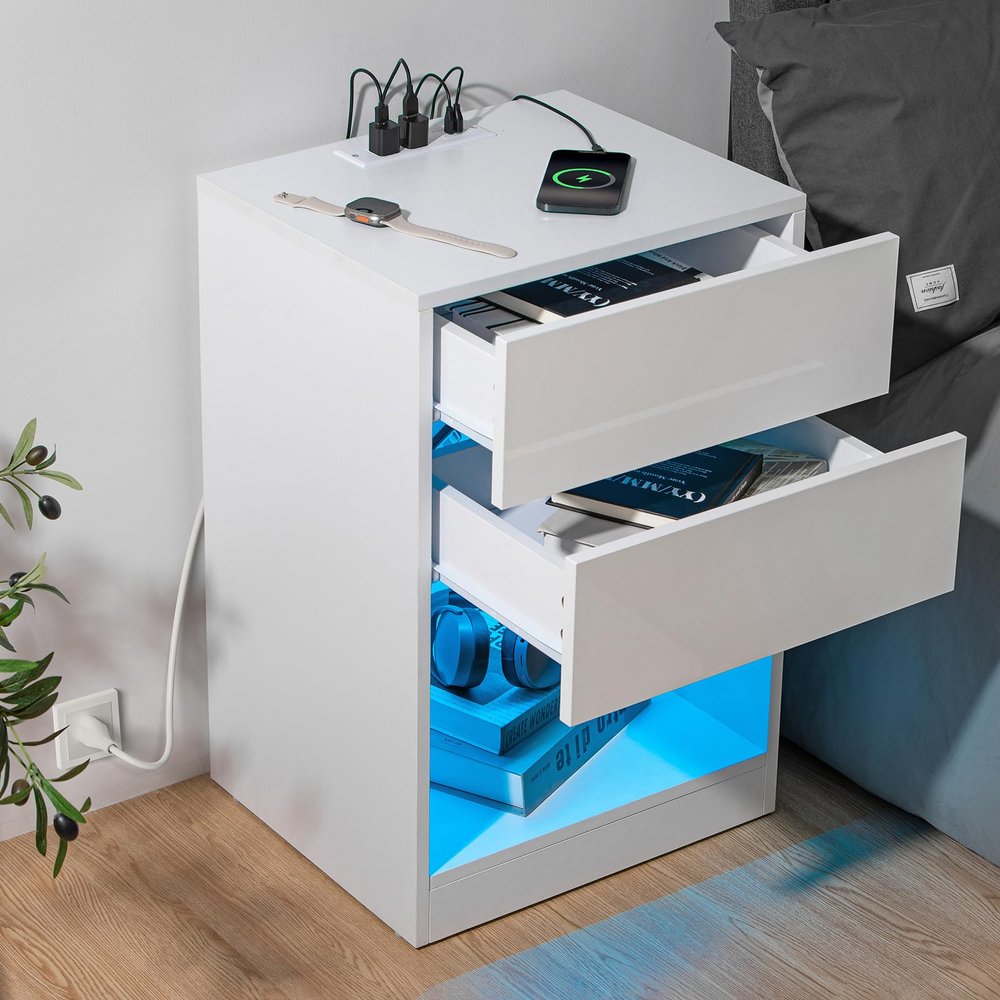 HOMMPA White LED Nightstand with Charging Station Side Table with Open Shelf Night Stand with Led Lights USB Ports and Outlets Bedside Table End Table with Drawers Storage for Bedroom