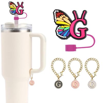 1Pcs Initial Letter Butterfly Shape Straw Cover for Stanley 30&40 Oz Cup 0.4 inch Straw Topper 3Pcs Letter Charm Silicone Drinking Straw Cap Tumblers Accessories (G)