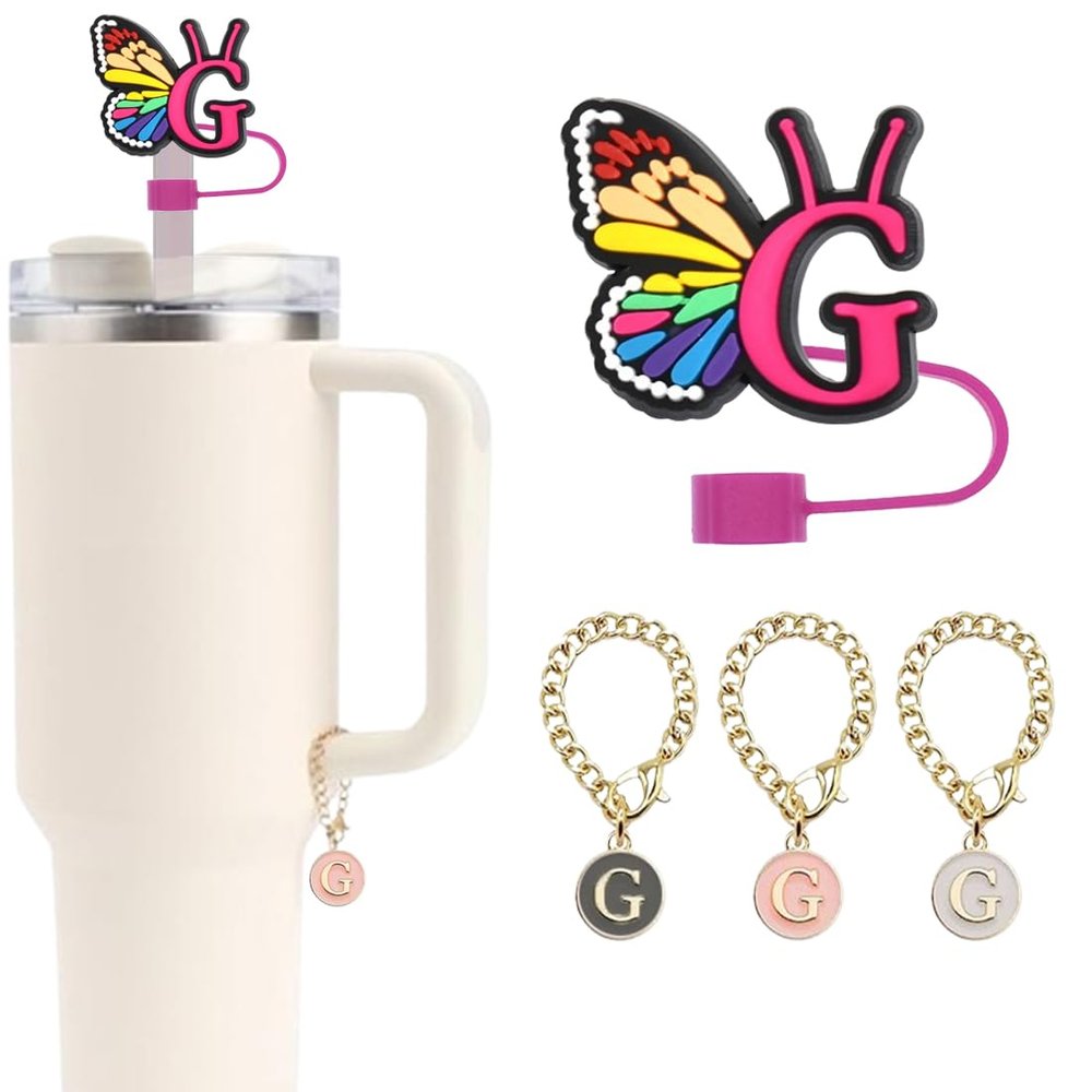 1Pcs Initial Letter Butterfly Shape Straw Cover for Stanley 30&40 Oz Cup 0.4 inch Straw Topper 3Pcs Letter Charm Silicone Drinking Straw Cap Tumblers Accessories (G)