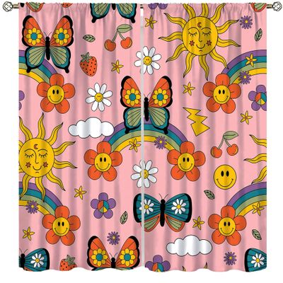 70s Retro Blackout Curtains, Hippie Style Colorful Rainbow Sun Butterfly Animals for Bedroom Living Room Curtains63X72 Inch