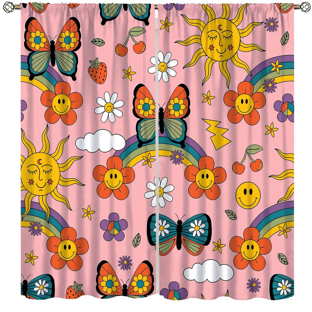 70s Retro Blackout Curtains, Hippie Style Colorful Rainbow Sun Butterfly Animals for Bedroom Living Room Curtains63X72 Inch