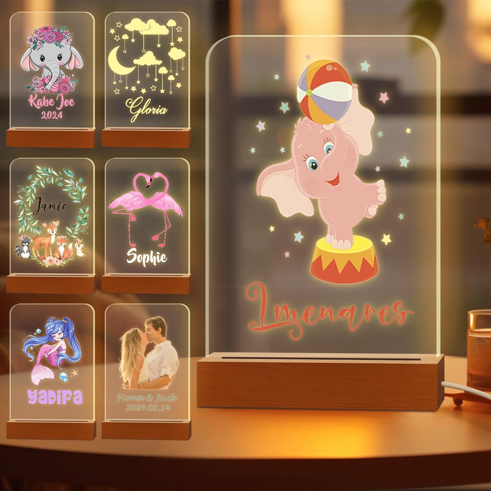 Greaxid Personalized Night Light for Kids Custom Engraved Name Acrylic LED Lights with Wood Base for Nursery Bedroom Decor Night Lamp, Customized Birthday Gifts for Girl,Elephant