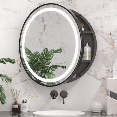 Keonjinn 26 Inch Round LED Medicine Cabinet Mirror for Bathroom with Defogger, 3 Color Lighted Medicine Cabinet, Black Round Medicine Cabinets with 2 Plugs, Surface Mount Mirror with Storage